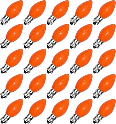 25 Pack C7 Halloween Replacement Bulbs, Ceramic Orange Christmas Light Bulbs for IndoorOutdoor String Lights, E12C7 Candelabra Base, 5W Incandescent Night Light Bulbs