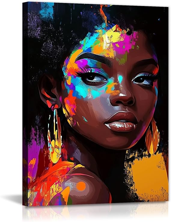 African American Canvas Wall Art Black Woman Portrait Picture Print Abstract Female Painting Poster Framed Artwork for Living Room Bedroom Home Wall Decor(Artwork-3,24"x36")