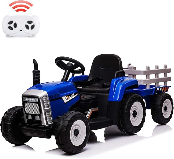 Nasitip 12V Battery Powered Electric Tractor with Trailer & Remote Control | Toddler Ride On Car Toy/ 7-LED Headlights/ 2+1 Gear Shift/ MP3 Player/USB Port Electric Vehicle for Kids 3-6 Years, Blue,25W