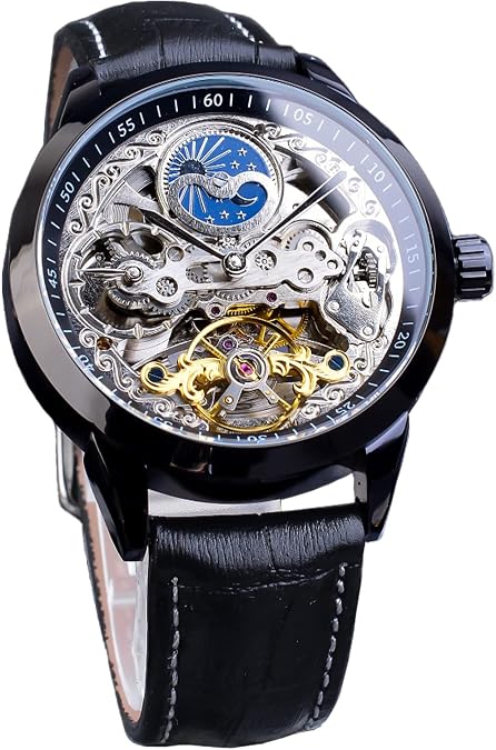 FORSINING Men's Skeleton Moon Phase Watch Mechanical Self-Wind Tourbillon Dual Time Zone Watches Automatic Luxury Leather Strap Large Dial Wristwatch