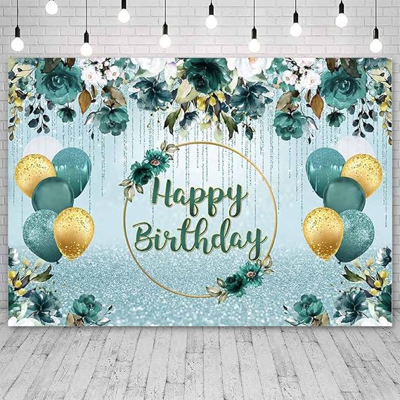 SENDY 7x5ft Dark Green Birthday Backdrop for Women White Green Floral Birthday Party Decorations Dripping Glitter Birthday Party Banner Photo Studio Props