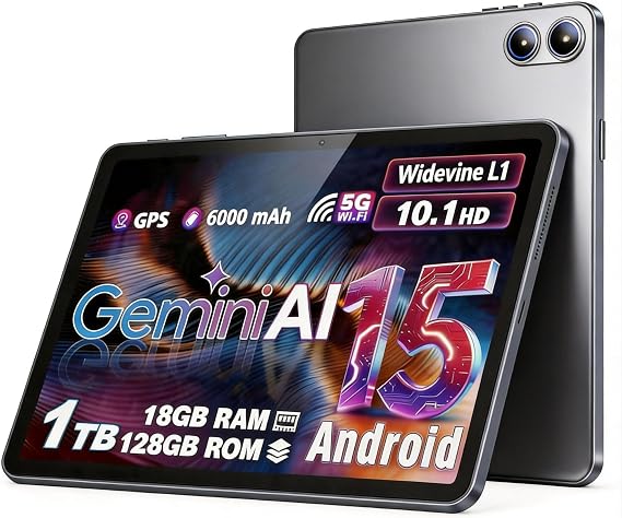 Android Tablet 10 Inch with Octa-Core Processor | 18GB RAM 128GB ROM 1TB Expandable, 1280x800 HD IPS Display, 6000mAh, Widevine L1, GPS, 5G WiFi, BT5.0, 5MP+8MP Dual Camera