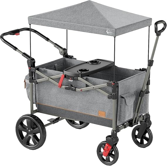 BusyBee Foldable Stroller Wagon for 2 Kids, Dual 5-Point Harnesses, Gray