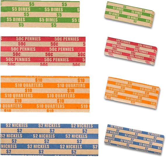 Coin Wrappers Assorted 1000 PCS Flat Coin Rolls Wrappers Including 300 Quarter Wrappers, 300 Penny Wrappers, 200 Dime Wrappers, 200 Nickel Wrappers