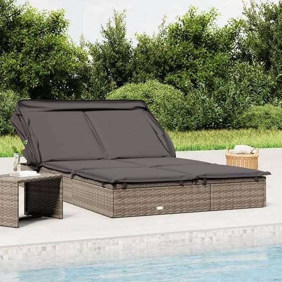 Grey Double Foldable Sunbed Lounge Chair for 2 Person Outdoor, Synthetic Rattan Chaise Lounger with Adjustable Armrests and Weather-Resistant Cushions for Patio Garden Poolside