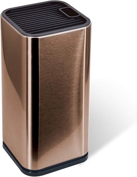 Rose Gold Stainless Steel Universal Knife Block Holder with Slots for Scissors or Sharpening Rod, Space Saver Knife Storage, Detachable for Easy Cleaning, Square Knife Holder For Safe