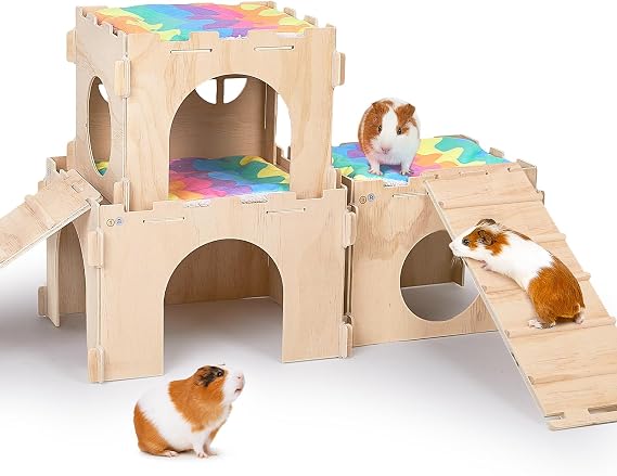Unicorn Catcher 3 Pack Wooden Guinea Pig Hideout House with Stairs & Mats