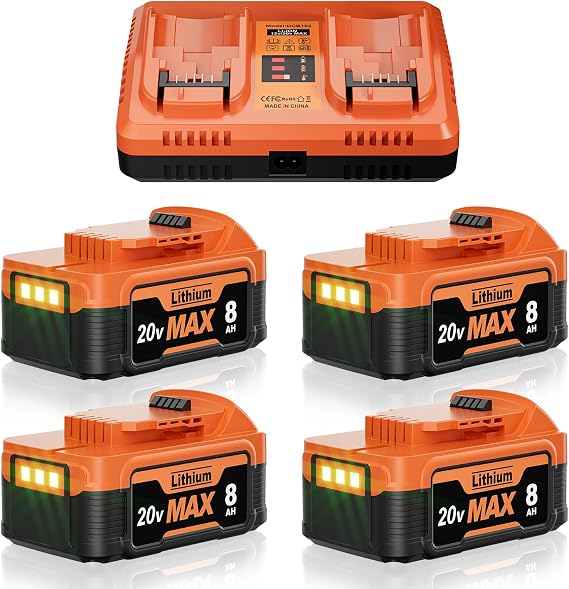 Nonbliep 4Packs 8.0Ah Replacement for Dewalt 20V Max Battery with DCB102 Dual Charger, Compatible with Dewalt 20 Volt XR Max Battery DCB206 DCB205 DCB204 DCB203 DCB201 DCB200 Cordless Power Tools