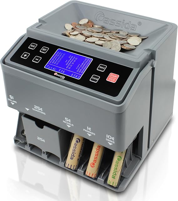 Cassida C300 Professional USD Coin Counter, Sorter and Wrapper/Roller, 300 Coins/min, with Quickload and Printing-Compatible, Gray
