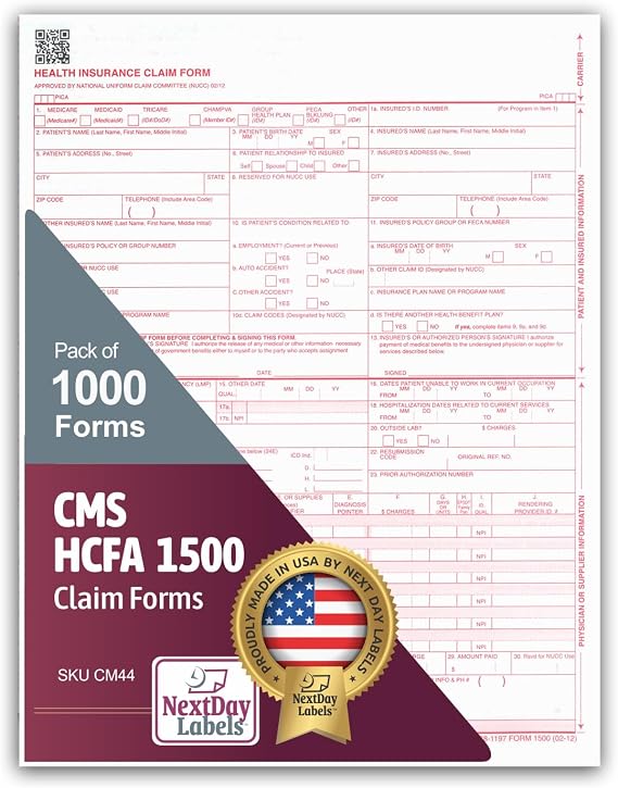 NextDayLabels CMS 1500 / HCFA 1500 Insurance Claim Forms, 1000 Sheets