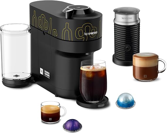 Nespresso Samra Origins Vertuo Pop+ Coffee Machine with Milk Frother | Samra Origins by The Weeknd in buna yellow, by De'Longhi. Aeroccino3 frother bundle for hot or cold foam drinks at home.