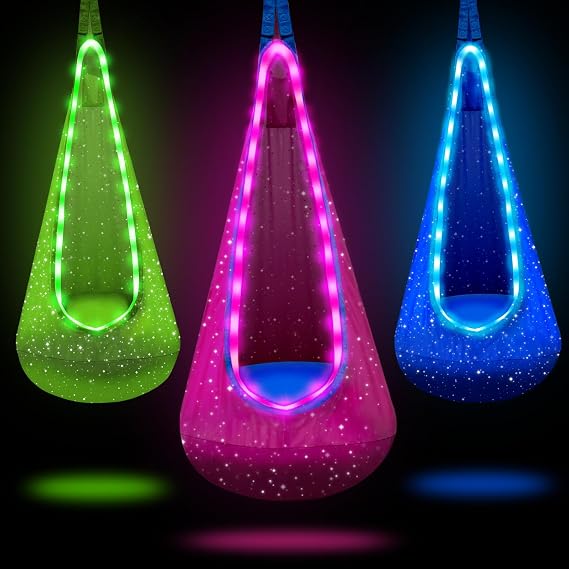 Light Up Kids Pod Swing Seat, Kids Hanging Hammock Swing Chair with LED Lights & Inflatable Pillow, Sensory Swing Pod Swing for Kids Indoor and Outdoor (Pink)