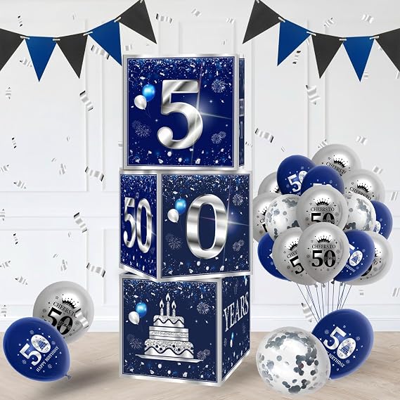 3Pcs 50th Birthday Decorations Boxes for Men Blue Silver 50th Happy Birthday Balloons Boxes Party Supplies 50 Year Old Birthday Theme Cardboard Box Decor.