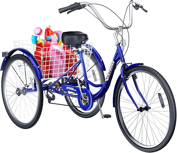 7 Speed Adult Tricycle, 24 inch Cruiser Trike with Large Basket for Women Men Seniors, 3 Wheel Bike for Outdoor, Shopping, Recreation, Picnic (Blue)