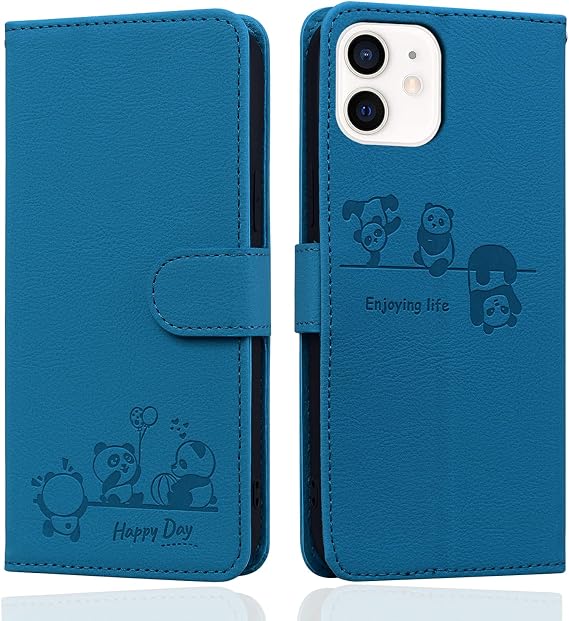 Wallet Case for iPhone 12 Mini/13 Mini(5.4 Inch),Cute Cartoon Panda PU Leather Magnetic Flip Case with Card Holder,Shockproof Protective Phone Case with Kickstand and Lanyard,Blue
