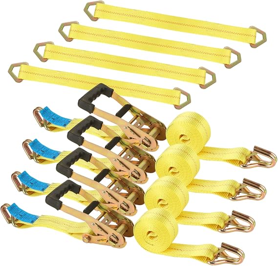 YAYODS 4 Pack Car Tie Down Straps for Trailers with J Hooks, 2" x 10' Heavy Duty Ratchet Straps with 2" x 36'' Axle Straps, 10,000lbs Break Strength Truck Strap for Car, Truck, UTV Transport, Yellow