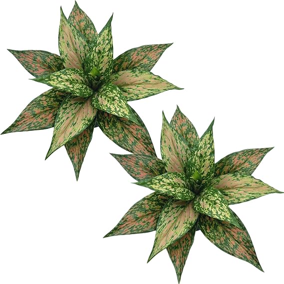 PASYOU Artificial Aglaonema Plants, Green and Pink Variegated 2 Pack, Fake Magnolia Plant Faux Plastic Leaves Shrubs, UV Resistant Greenery, Indoor Outdoor Decor Home Garden Table Decorations Red