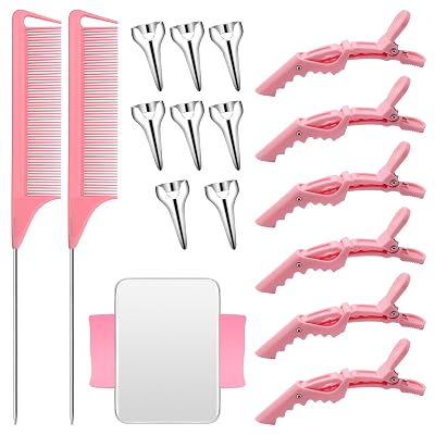 Hair Styling Tools Set - 17 Pieces Including Sectioning Rings, Tail Combs, Clips, and Wrist Pin Holder for Braiding Pink