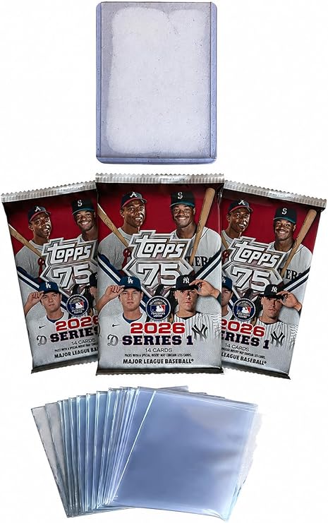 2026 Topps Series 1 Baseball Cards Value Pack 3 Factory Sealed Packs (42 Cards Total) + 10 Penny Sleeves + 1 Top Loader MLB Trading Card Bundle (Topps 75th Anniversary Design)