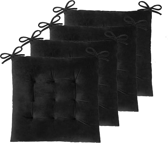 ELFJOY Set of 4 Square Chair Pads Indoor Seat Cushions Pillows with Ties Thick Soft Seat Cushion for Kitchen Dining Office Chair (18", Black)