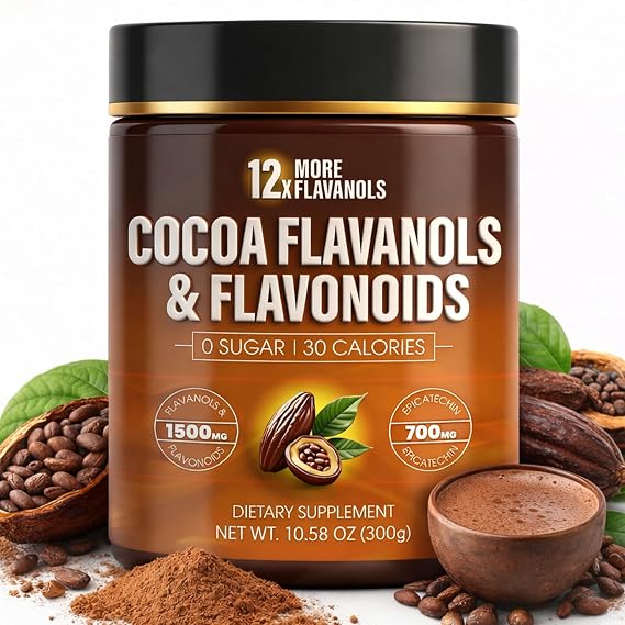 High Flavanol Cocoa Powder 1500mg Flavanols with 700mg Naturally Occurring Epicatechin, 12X More Flavanols Than Cocoa Antioxidant Support for Circulation, Energy & Daily Wellness, Non-Alkalized Cocoa (1)