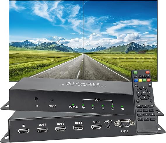 ICUIXAIN 4 Channels Video Wall Controller 2x2 4K@30Hz Video Wall Processor 4 tvs Screens into 1 Wall Display, 1x2, 2x1, 1x3, 3x1, 1x4, 4x1 TV Wall Controller with 180 Rotation, Rs232, 3.5MM Audio