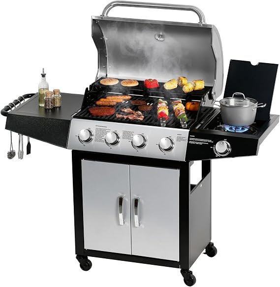 MASTER COOK 4 Burner Gas Grill with Side Burner, 518 Sq. In. Cooking Area, 52,000 BTU Propane Grills, Stainless Steel Cabinet BBQ Grill for Outdoor Patio, Garden and Backyard