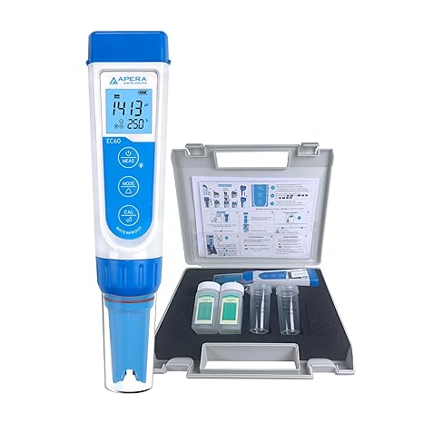 Apera Instruments, LLC-AI314 Premium Series EC60 Waterproof Conductivity Pocket Tester Kit, 1% F.S Accuracy, Easy Switch of EC/TDS/Salinity, Replaceable Probe