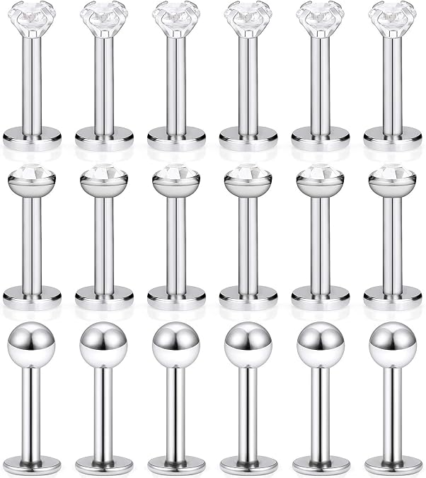 SCERRING 18PCS 16g Stainless Steel Clear Cubic Zirconia Labret Monroe Lip Tragus Cartilage Helix Earring Ring Body Piercing Jewelry 6mm 8mm 10mm