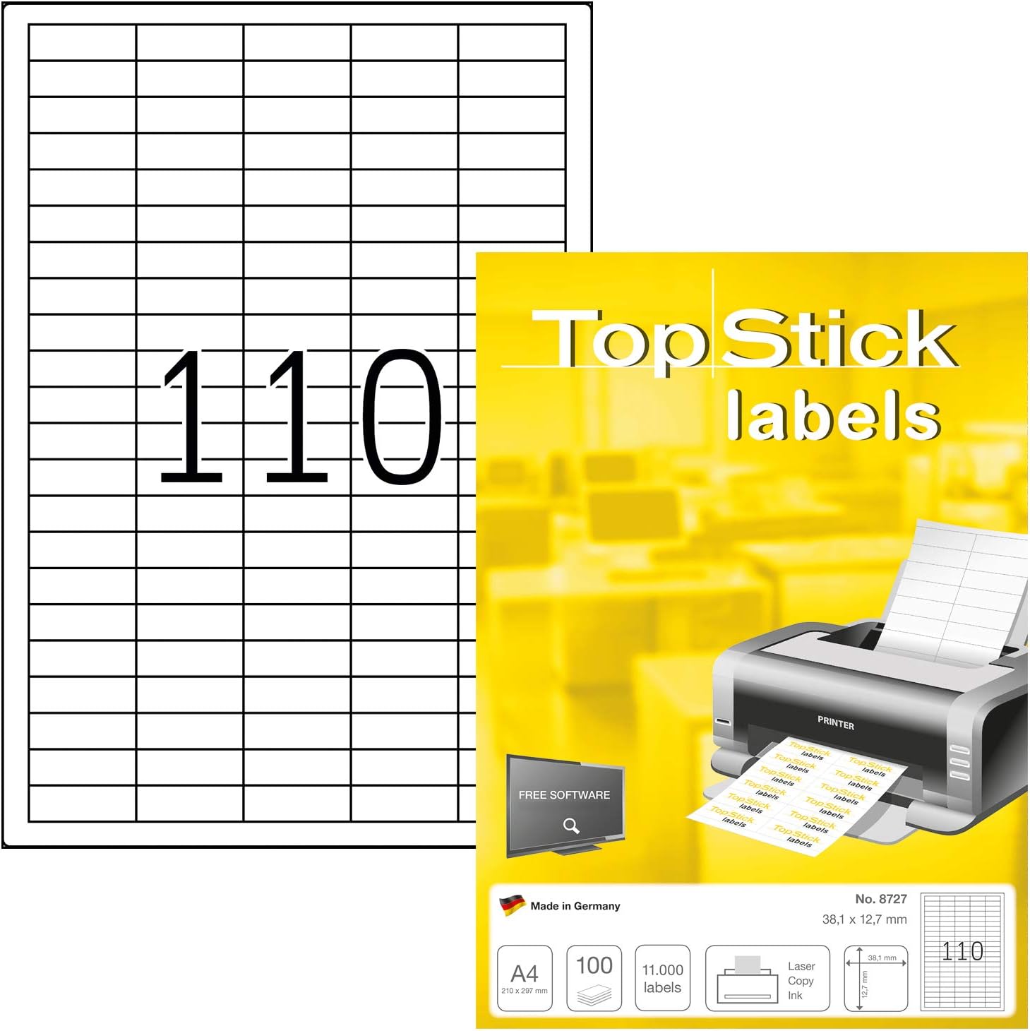 TopStick 8727 Multi-Purpose Labels, 110 Labels Per A4 Sheet, 38.1 x 12.7 mm, 11000 Labels, Self Adhesive, Mini Stickers for Laser and Inkjet Printers, White