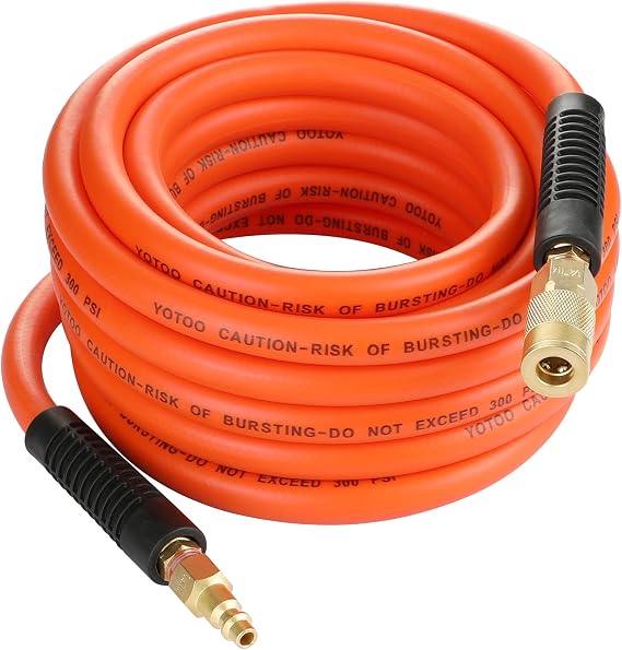 YOTOO Air Hose 3/8 in. x 25 ft, 300 PSI Heavy Duty Hybrid Air Compressor Hose, Lightweight, Kink Resistant, All-Weather Flexibility with 1/4-Inch Industrial Air Fittings and Bend Restrictors, Orange