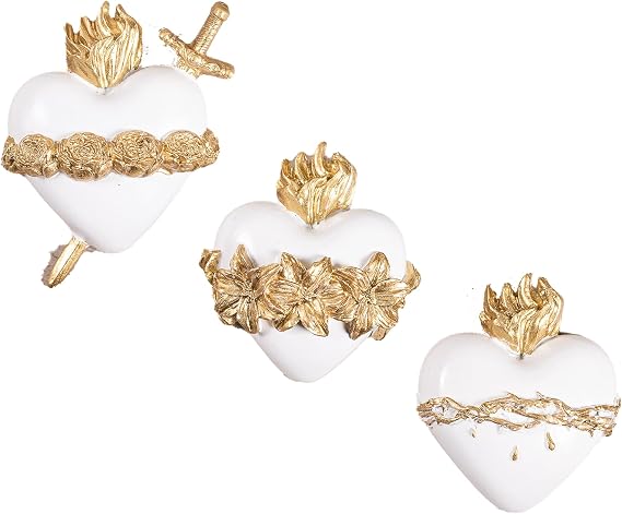 Scapular Catholic Three Hearts Wall Plaque Set Sacred heart, Immaculate & Chaste Heart Hand-Painted Catholic Decor Set of 3 Religious Wall Accents White/Gold Finish