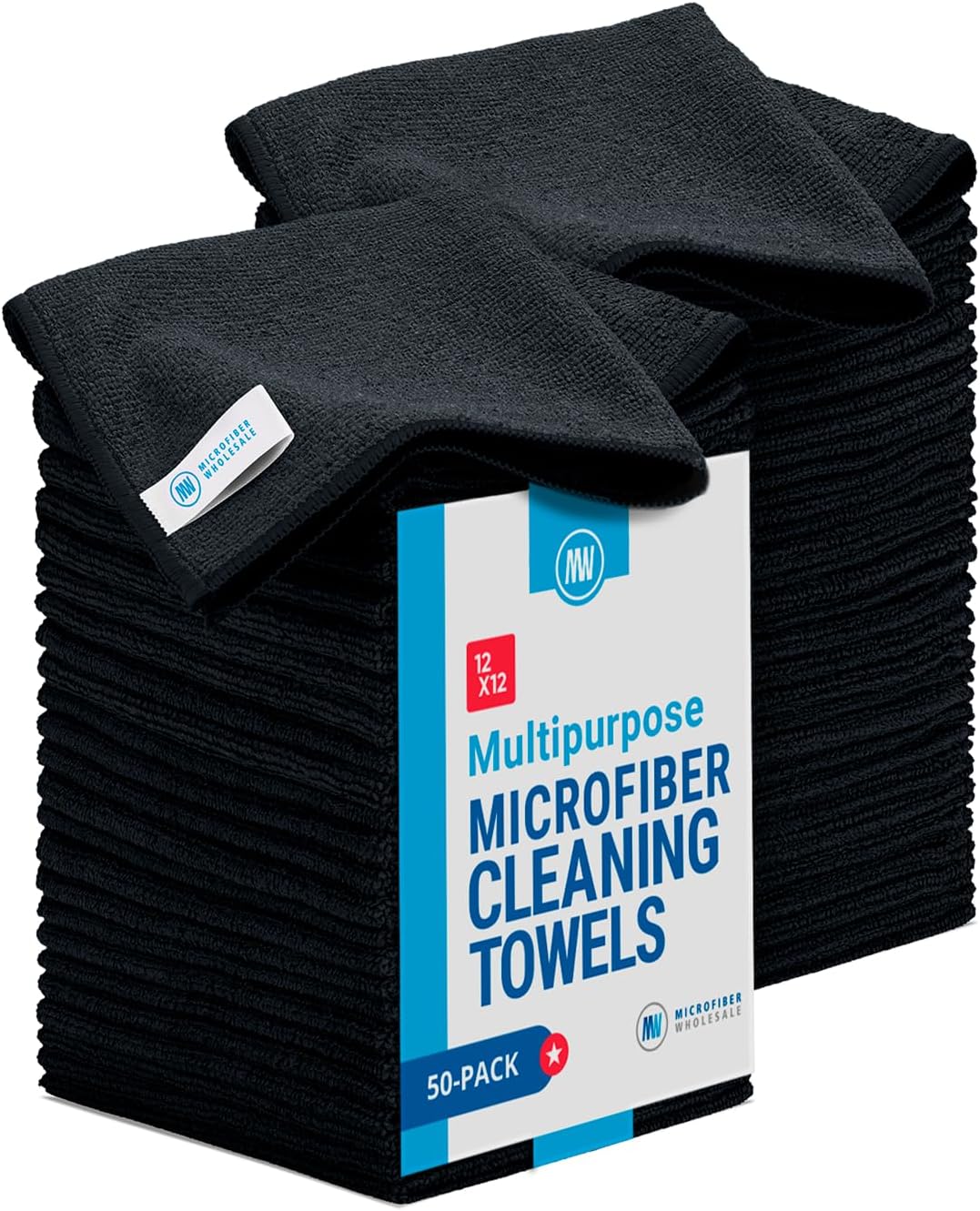 12 x 12 Microfiber Cleaning Cloths 50 Pack - Reusable Towels, Wash Rags, Dust Cloth, All-Purpose: Kitchen, Dish, Cars, Shop, Glass Black