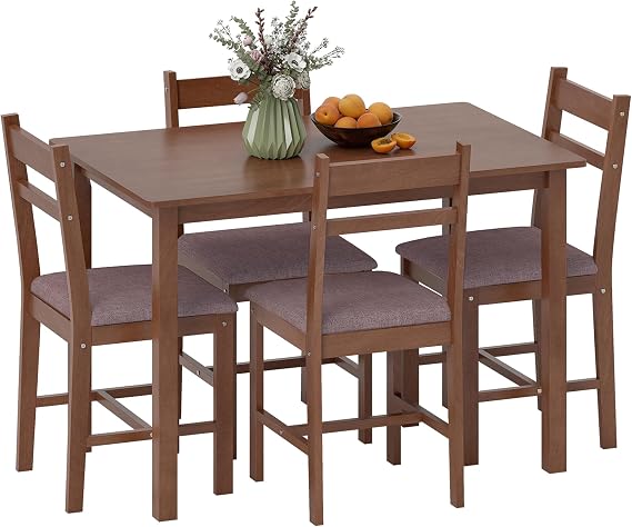 HOMCOM 5-Piece Solid Wood Dining Table Set for 4, Farmhouse Kitchen Table with Upholstered Chairs for Small Space, Dining Room, Breakfast Nook, Light Brown and Brown