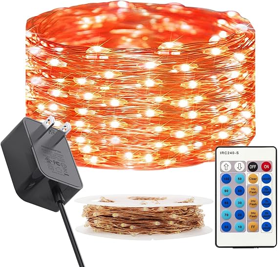 RUICHEN Fairy Lights Plug in with Remote, Copper Wire 33 Ft 100 LED, Orange | Dimmable Brightness, Flexible Copper Wire, Starry String Lights for Christmas Halloween Thanksgiving Bedroom Patio Yard Party