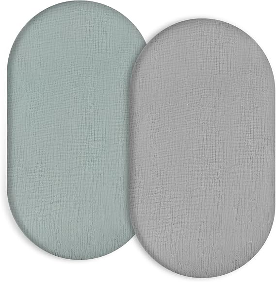 Muslin Bassinet Fitted Sheets 2 Pack, 100% Cotton Baby Cradle Sheets in Solid Green & Gray, Soft Breathable Mattress Covers for Boys & Girls, Fit Hourglass, Oval & Rectangle Pads