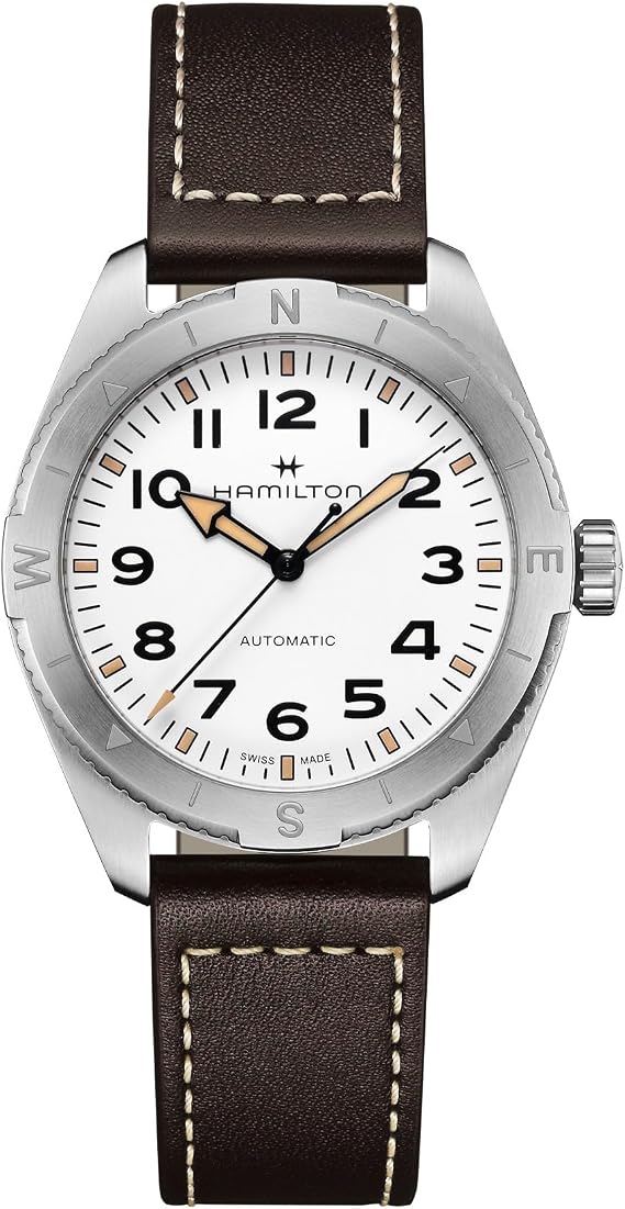 Hamilton Khaki Field Expedition Automatic Men's Watch, 41mm Stainless Steel Case, Swiss Made, White Dial Analog Wrist Watch, 100m Waterproof, Sapphire Crystal, 3-Hand Movement, Cow Leather Strap