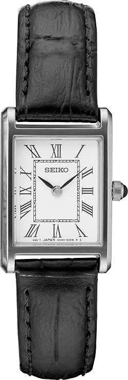 SEIKO Essential Watch for Women - Essential - Waterproof Stainless Steel Rectangular Case and Leather Strap, White - SWR053 , Necessities