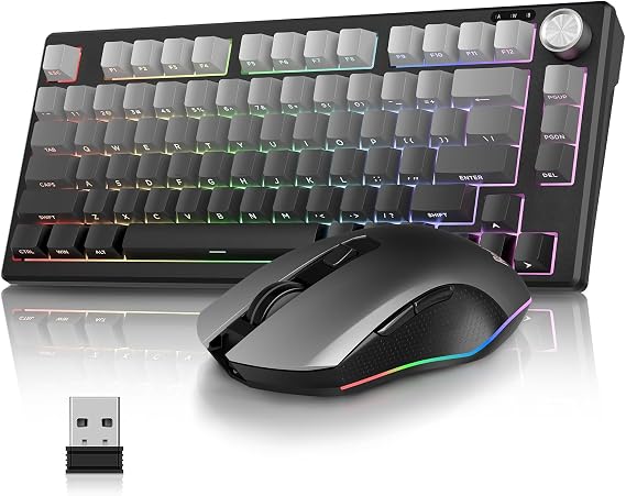 RedThunder K75 Wireless Membrane Keyboard & Mouse Combo,75% Side-Engraved Keycaps,Optical Gaming Mouse with 4800DPI,3 Modes(BT/2.4G/Wired),Dual System,RGB Backlit,Rechargeable Battery,Gradient Gray