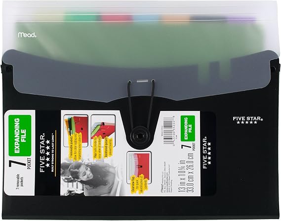 Five Star Expanding File with Removable Files, 7-Pocket Expandable File Folder, 13" x 10-1/4", Black (73945)