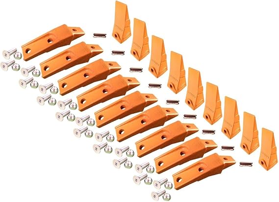 9 Bobcat Style Skid Steer, Mini Excavator Bucket Teeth 6737325, Bolt-On Flush Mount Shanks, 6737324 (3" hole spacing) Flex Pins, and Hardware