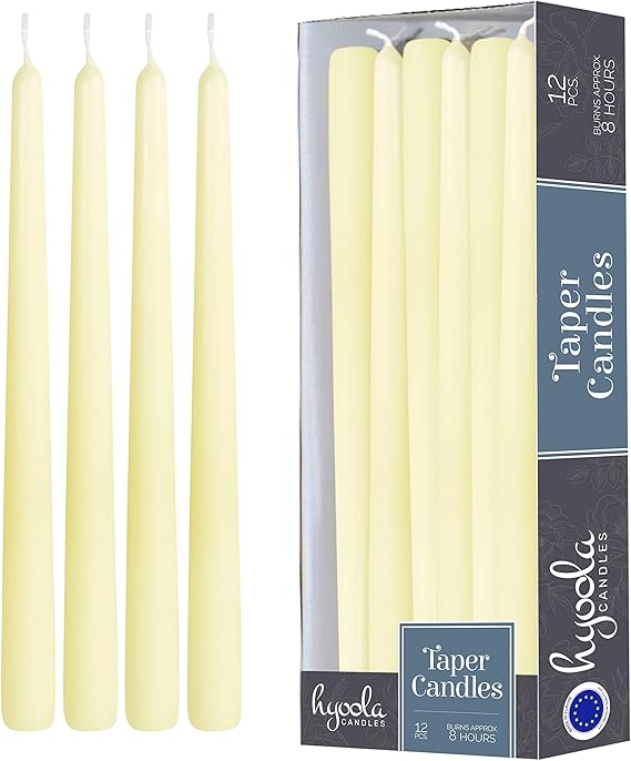 Hyoola Tall Taper Candles - 10 Inch Ivory Dripless, Unscented Dinner, Paraffin Wax with Cotton Wicks - 8 Hour Burn Time (Pack of 12)