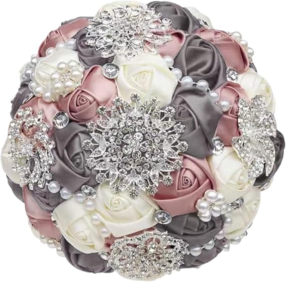 Luxury Bride and Bridesmaid Wedding Bouquet Leather Pink Diamond Ribbon Artificial Rose Sisters Bouquet Promotion Cheerfully(Dark Gray Mix,18cm OD)