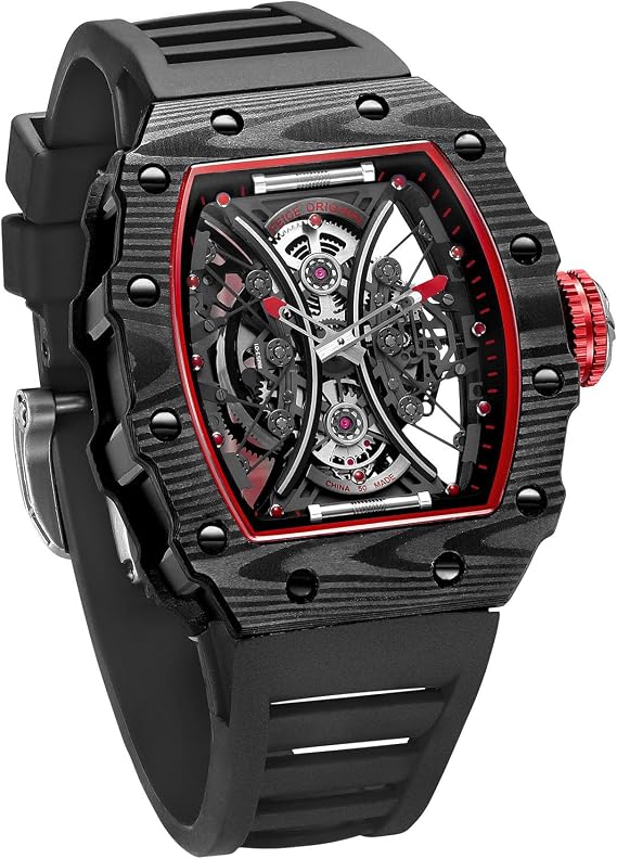 FEICE FM602 Men's Luxury Skeleton Wrist Watch, Automatic Mechanical Analog Watch, 164.4 ft 50 m, Waterproof, Casual, Barrel Shape, Tonneau Shape, Gentleman, Silicone Strap, Classic Business Watch