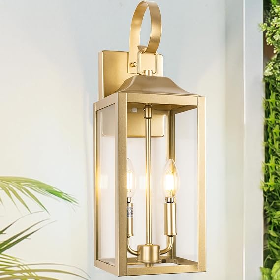 19" Gold Outdoor Wall Lantern 2-Light, Large Modern Outdoor Sconce Lights