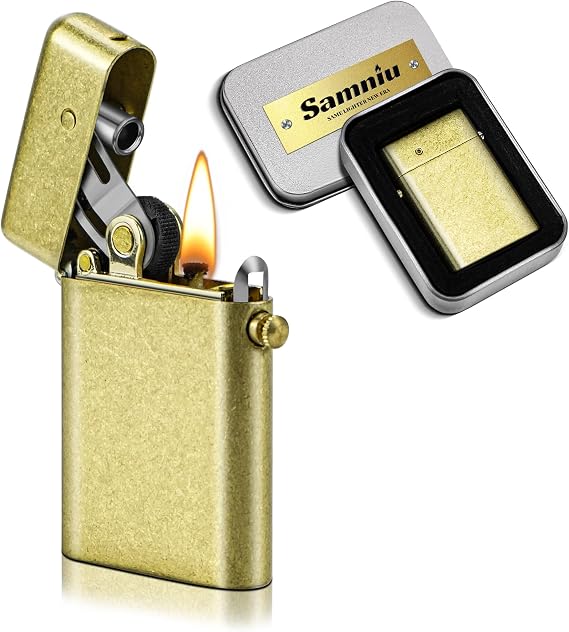 SAMNIU Vintage Trench Lighter, Classic Flip Copper Kerosene Lighters, with Replaceable Flint and Regulator, Cool Antique Brass Lighters for Men (No Fuel)