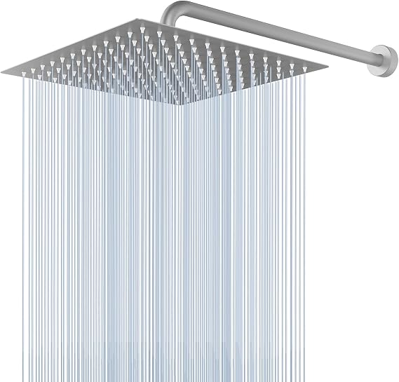 Voolan All Metal Shower Head with Extension Arm, Stainless Steel Waterfall Rainfall Showerhead, High Flow Bathroom Square Large Rain Shower Head (12 Shower Head with 15 Shower Arm, Brushed Nickel)
