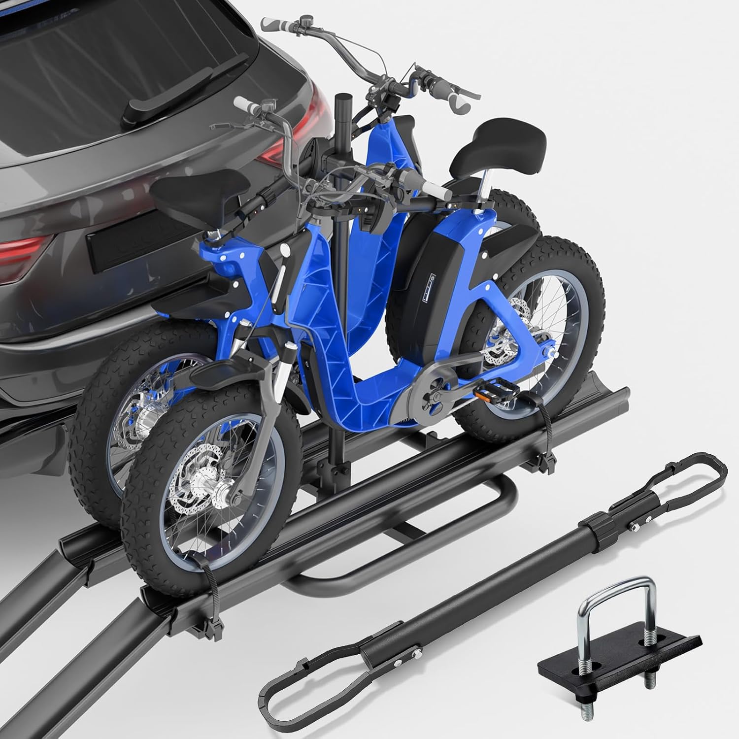 SUORTO 2 EBike Rack with Cross Bar, 5 Fat Tire Carrier, 200 LBS Capacity Electric Bike Racks with Ramp, Foldable & Lockable Bicycle Racks Platform, Fits 2 Standard Hitch for SUVs Cars Trucks Vans