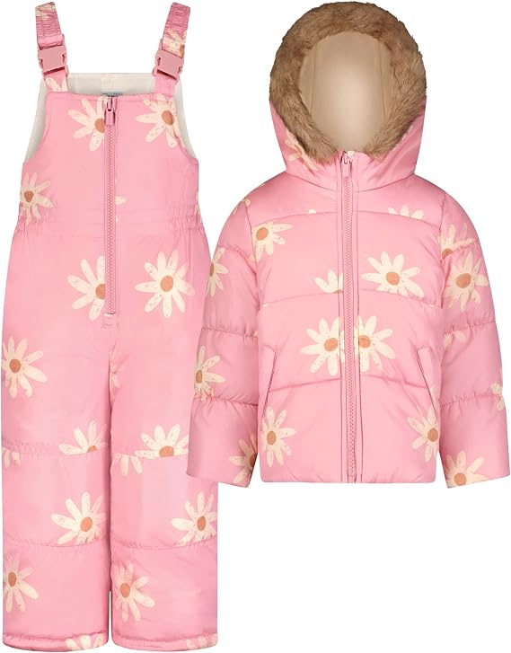 Carter's Baby Girls' Heavyweight 2-Piece Skisuit Snowsuit Set - Snow Bib and Hooded Jacket, Pink Floral Daisy, 6X