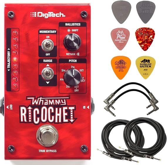Digitech WHAMMY RICOCHET Guitar Pitch Effect Pedal Bundle with 4 Cables and 6 Assorted Dunlop Picks